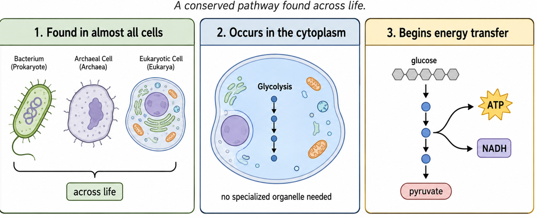 Reference showing bacterial, archaeal and eukaryotic cells, glycolysis in the cytoplasm, and ATP, NADH and pyruvate production.